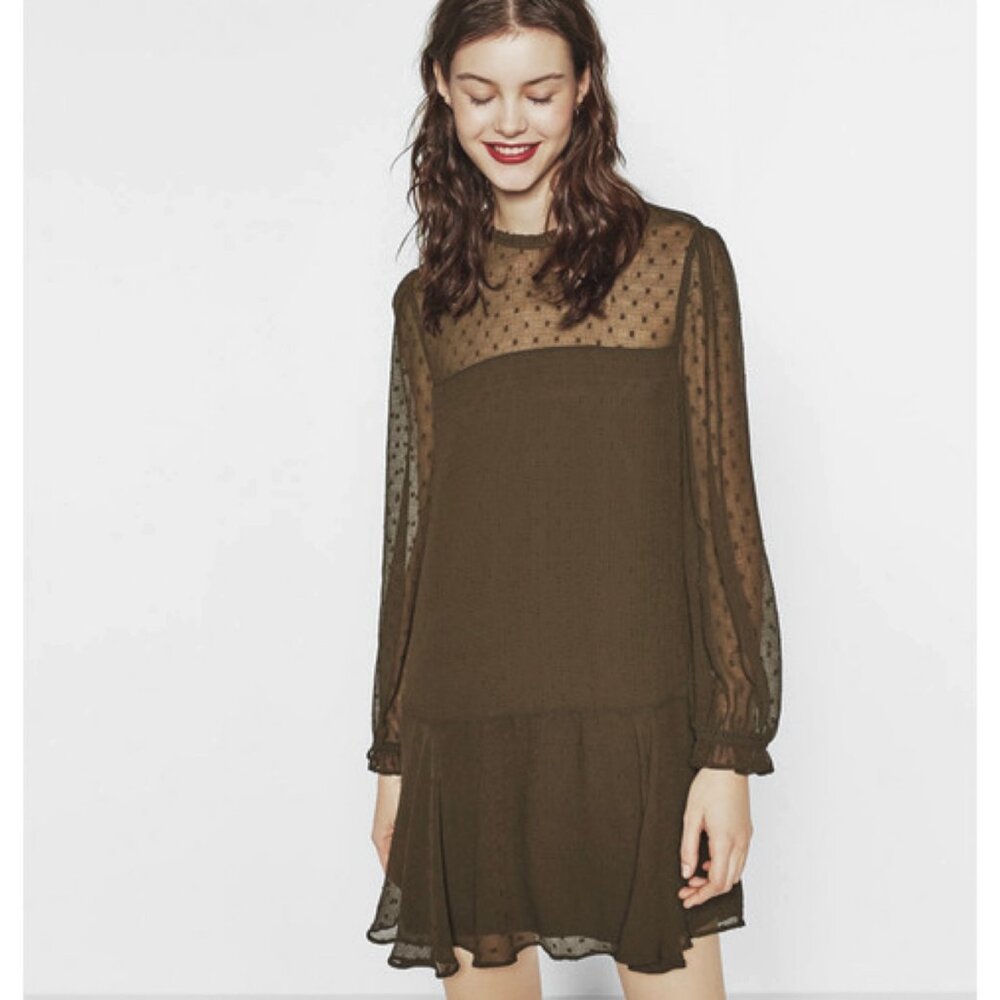 Zara Khaki Green Plumetis Dress